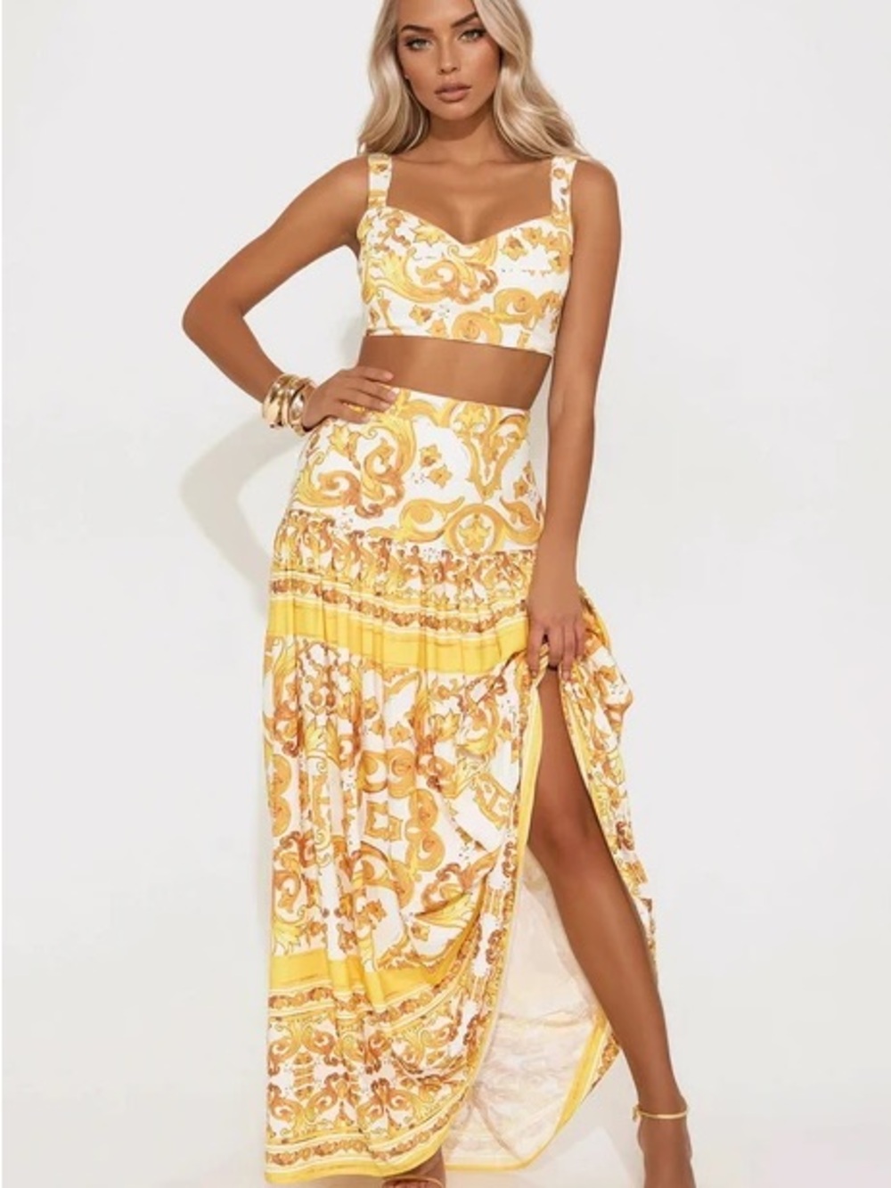 Fashion Nova Yellow Baroque Print Maxi Skirt Set